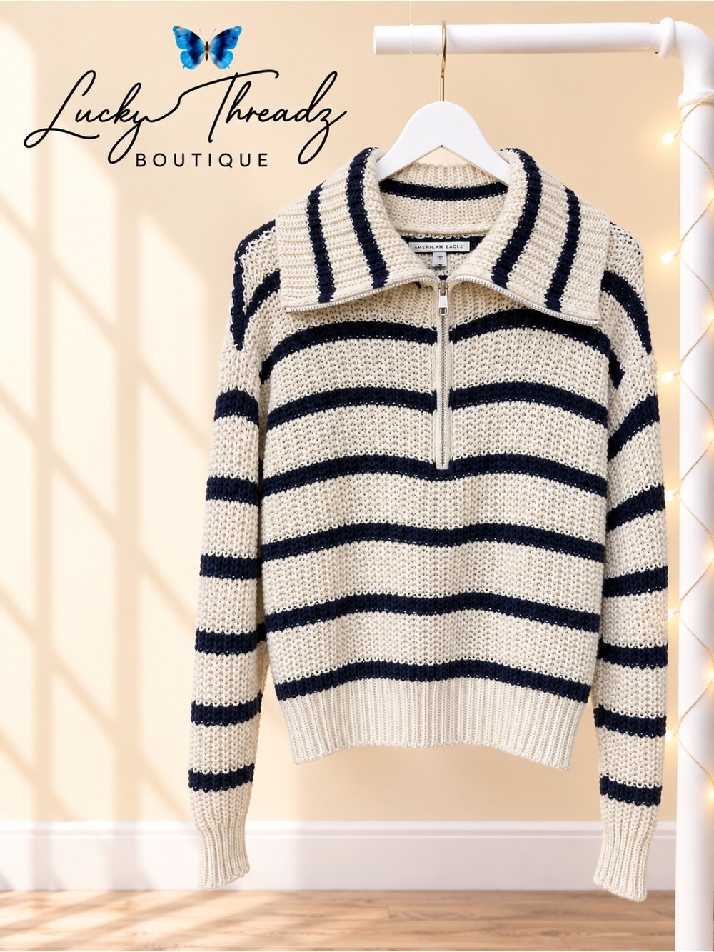 American Eagle Cream Navy Striped Quarter Zip Sweater XL Gilmore Girls Fall